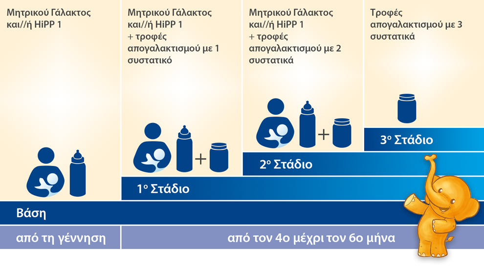Ένα πρόγραμμα σίτισης για ένα μωρό, χωρισμένο σε τρία στάδια, με συγκεκριμένες οδηγίες για την εισαγωγή στερεών τροφών και την προσθήκη των HiPP 1 και 2.