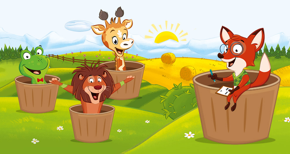 Four animated animals are playfully positioned in large trash cans in a vibrant outdoor setting.