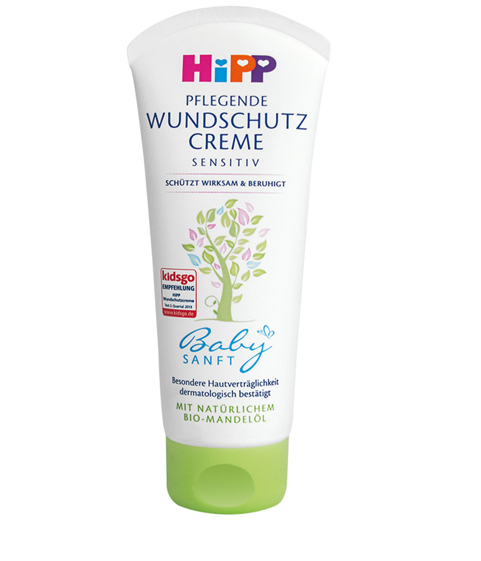 A tube of Hipp baby cream with a tree illustration and a Kidsgo award.